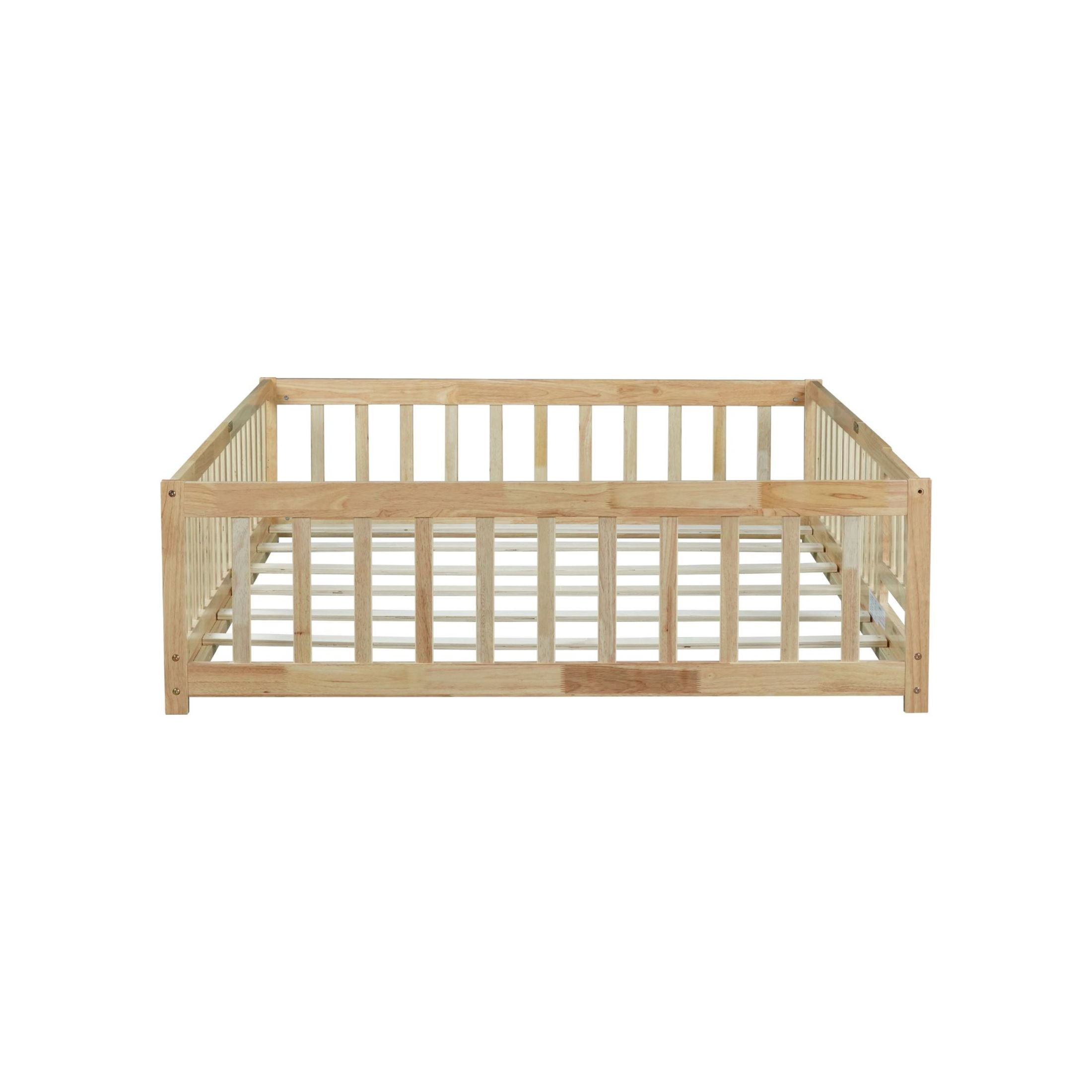 Noble House Corvel Full Size Rubber Wooden Floor Bed with Safety Guardrails & Latching Fence Door, Natural