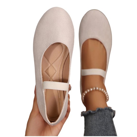 Gpaecead Women's Low Cut Mary Jane Shoes Round Toe Faux Suede Elastic Strap Comfort Versatile Casual Flats, White