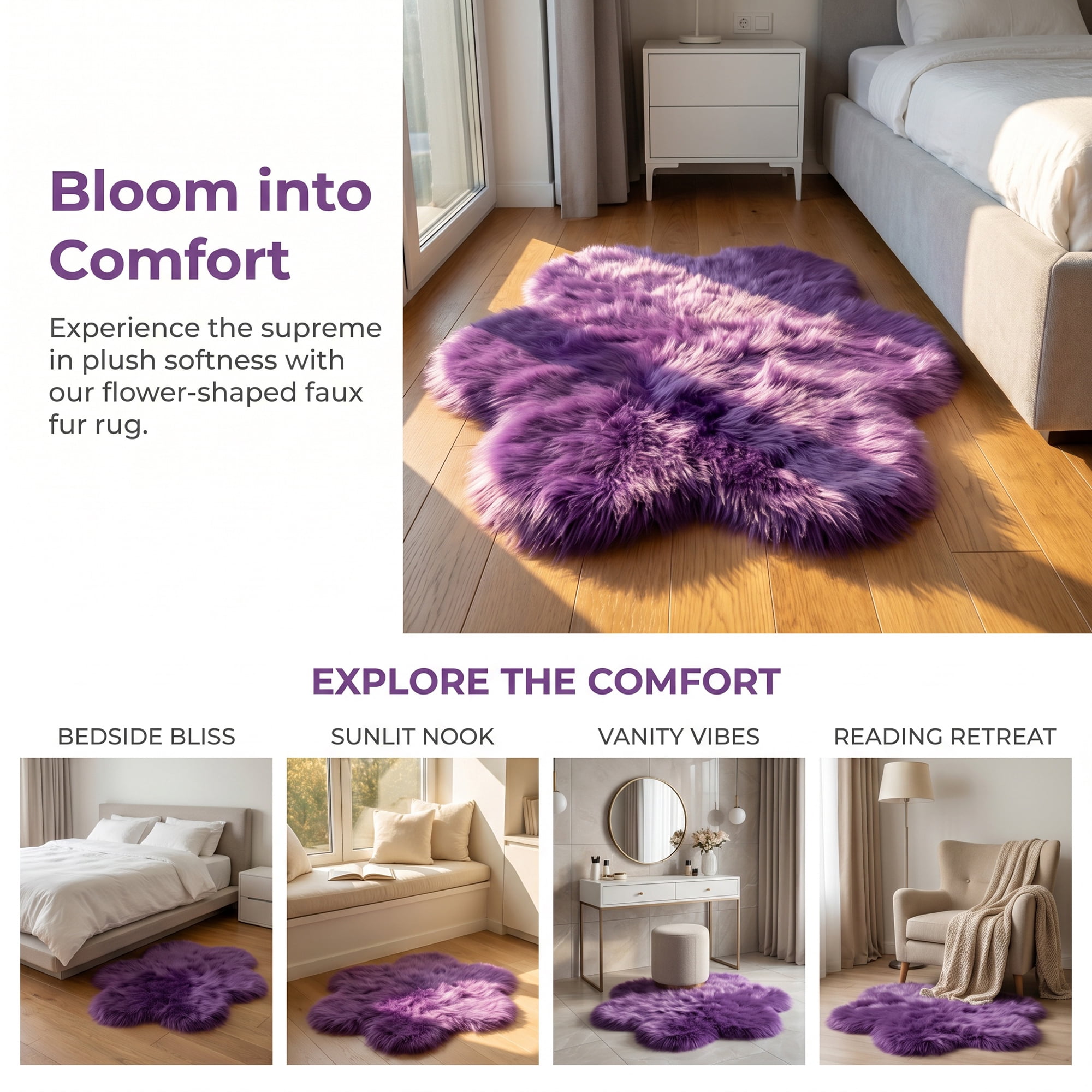 Unique Bargains Shaggy Flower Area Rug Fluffy Non-Slip Fuzzy Carpet 20" x 20" Purple