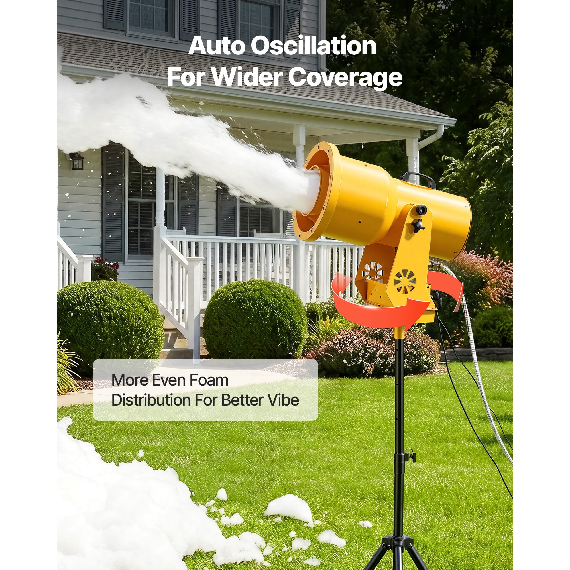 KFFKFF Foam Machine with Automatic Oscillation, Bubble Maker with Fan, LED Lights, and Stable Triangular Design for Events, Outdoor Fun, and Celebrations