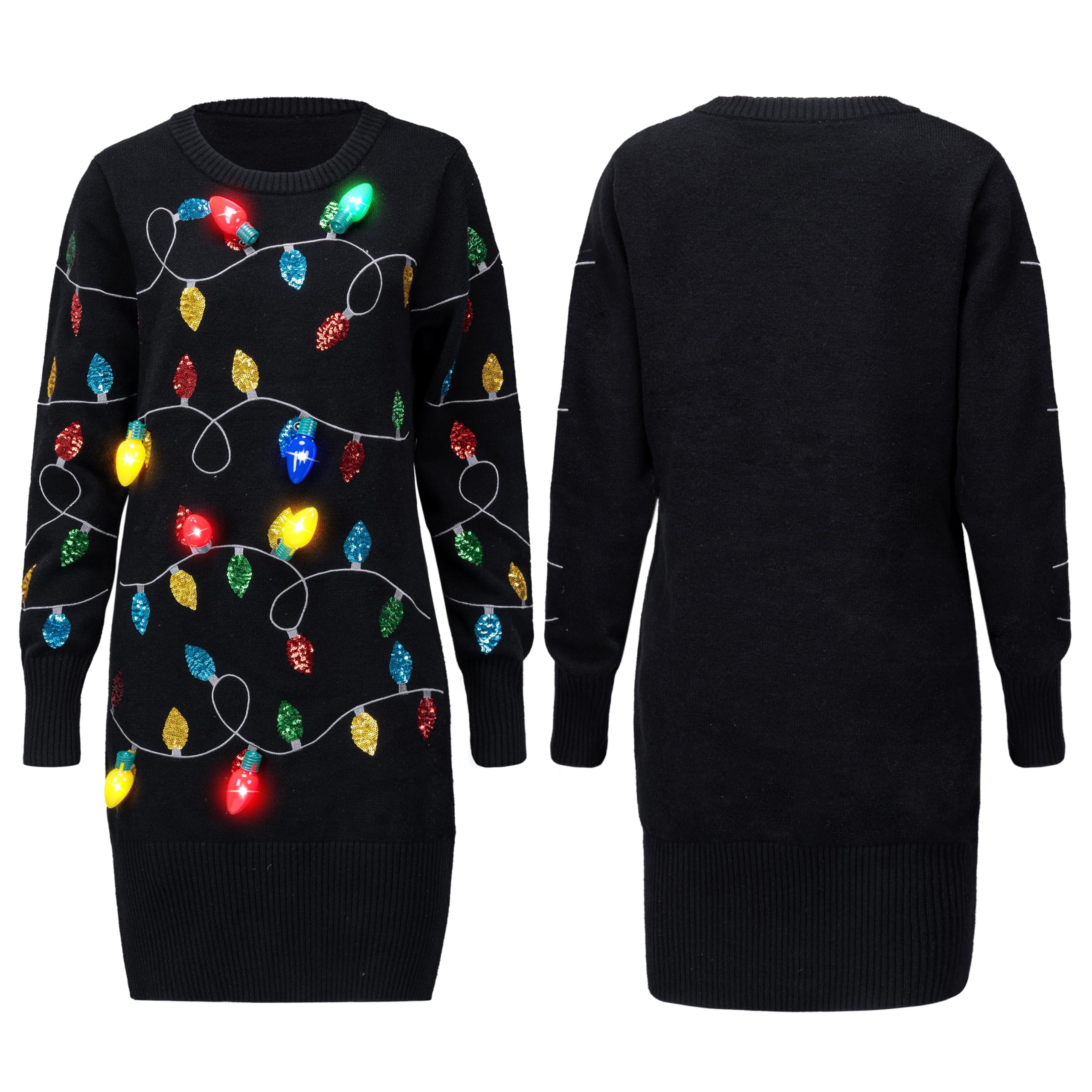 Joyfy Ugly Christmas Sweater Dress Women, LED Light Up Ugly Sweater, Women Christmas Sweater with Light Bulbs, Cute Funny Black Glowing Christmas