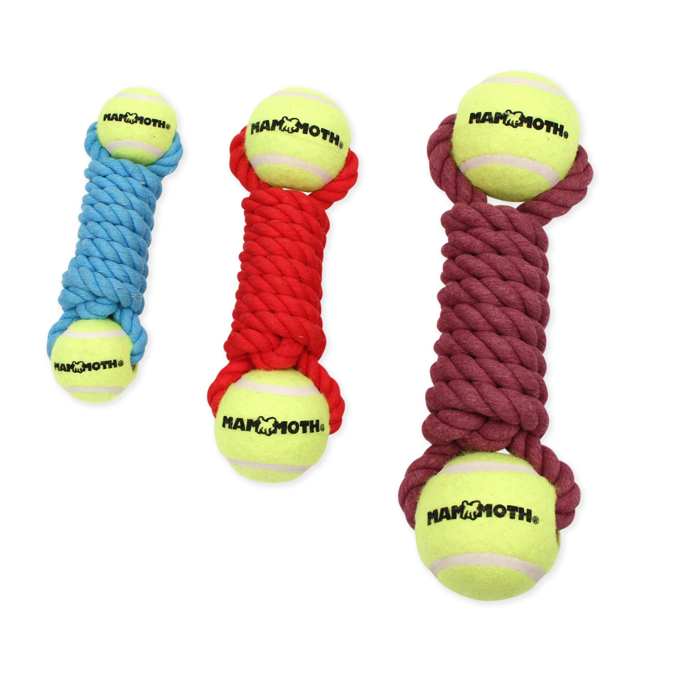 Mammoth Flossy Chews Cottonblend Twister Bone with 2 3" Tennis Balls Rope Dog Toy, Large, 12", Asst Colors