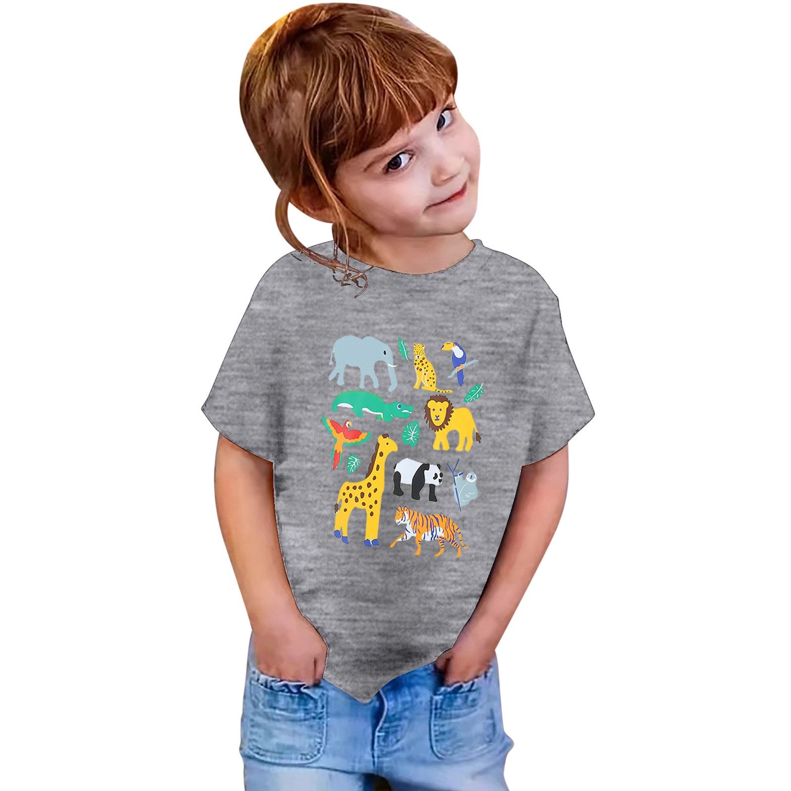 OOOUM Kids Short Sleeve T Shirts Cute Print Loose Fit Crewneck Tops Tees Stylish And Comfortable Summer Tops Grey 10-11 Years