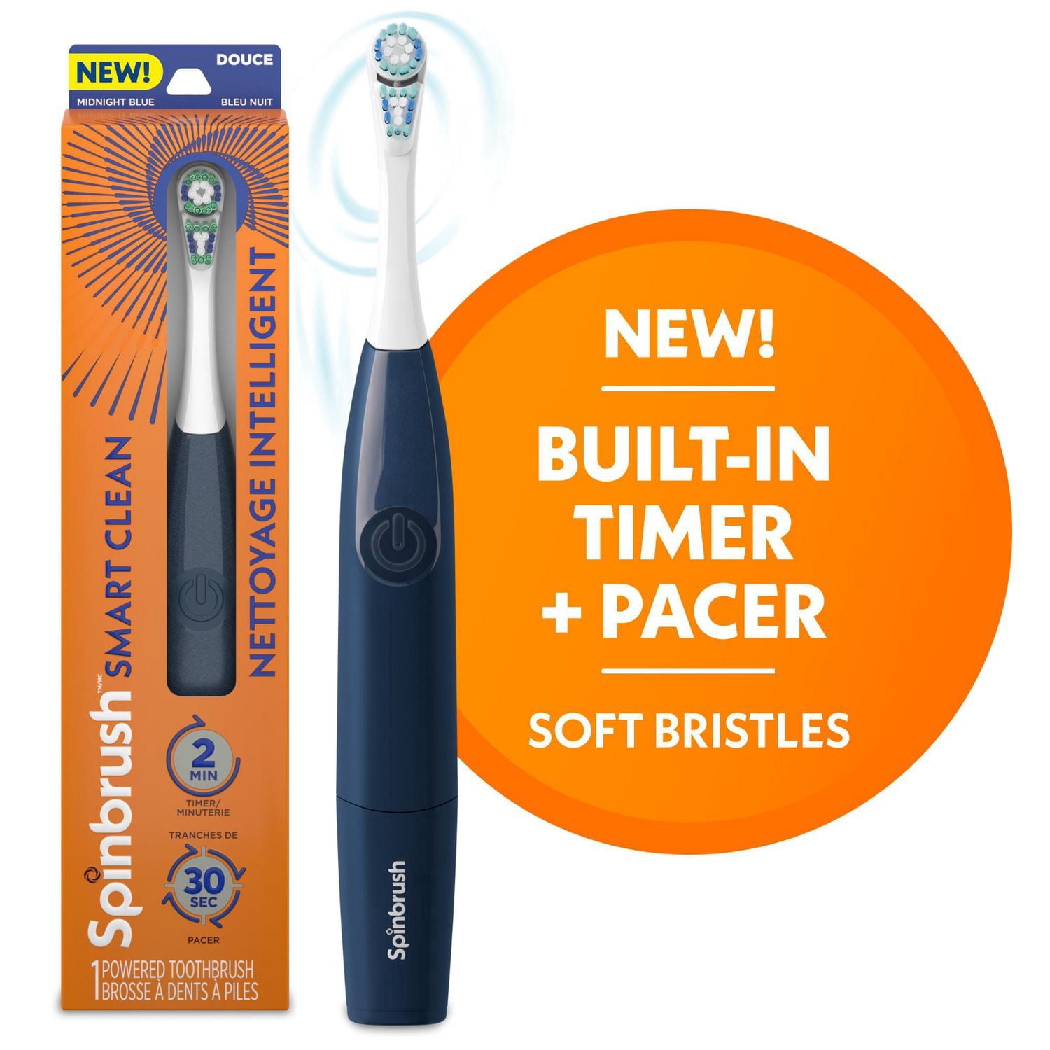 Brosse à dents électrique à pile Spinbrush Smart Clean pour adultes avec tête à double action, compteur et minuterie, Bleu nocturne, soies souples, 1 unité