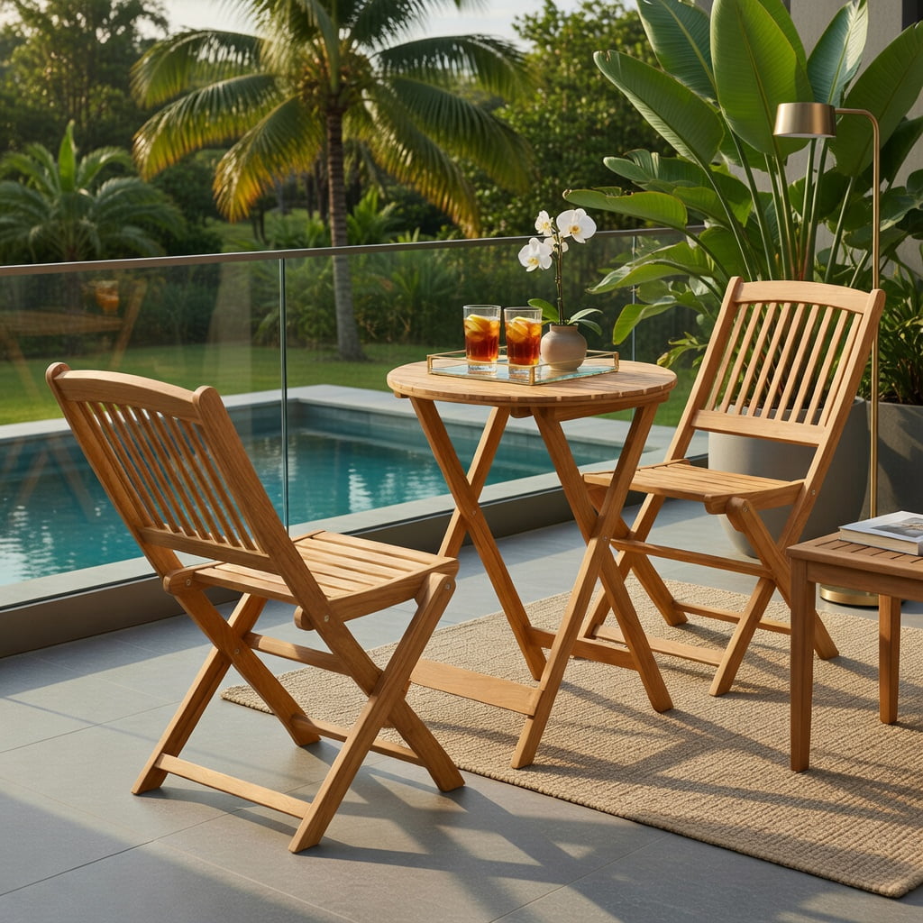 Hommoo 3-Piece Acacia Wood Folding Bistro Set with Removable Cushions, Outdoor Patio Chairs & Round Table for Balcony, Porch, Garden, Natural