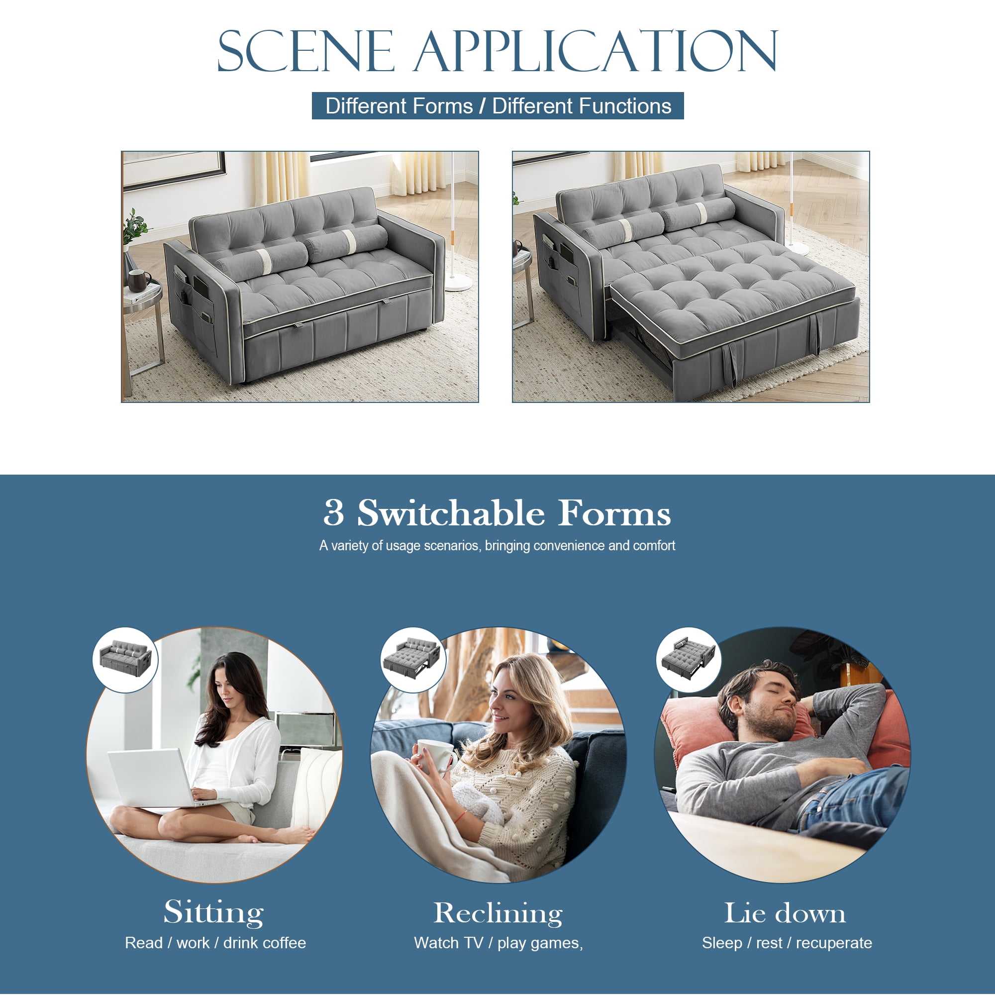Muumblus 55.5" Pull Out Sofa Bed 2 Seater Loveseats Sleeper Convertible Futon Sofa Bed with Adjsutable Backrest, Modern Adult Velvet Sofa Couch for Living Room, Gray