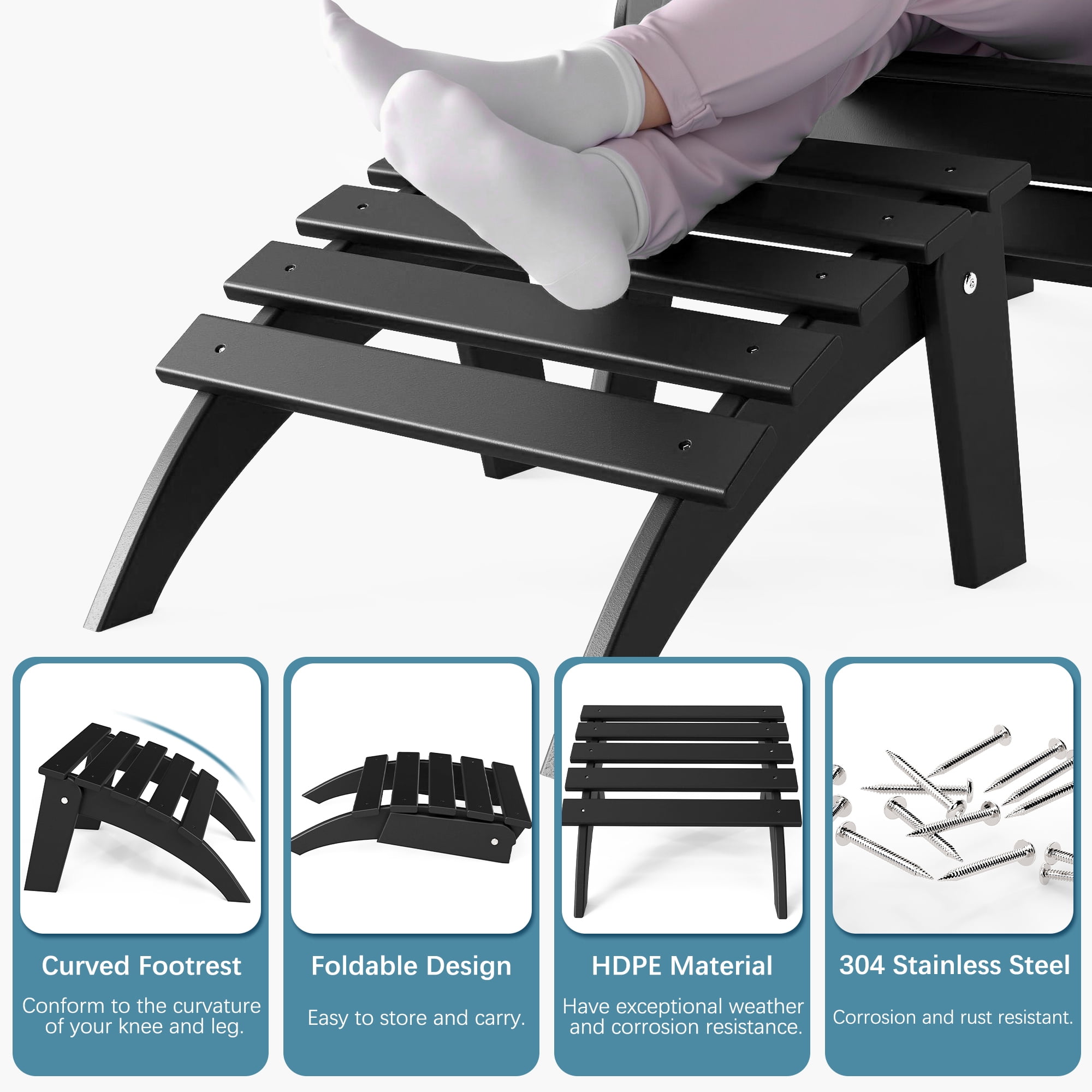 FOOWIN Folding Adirondack Ottomans Set of 2 for Adirondack Chair, Black