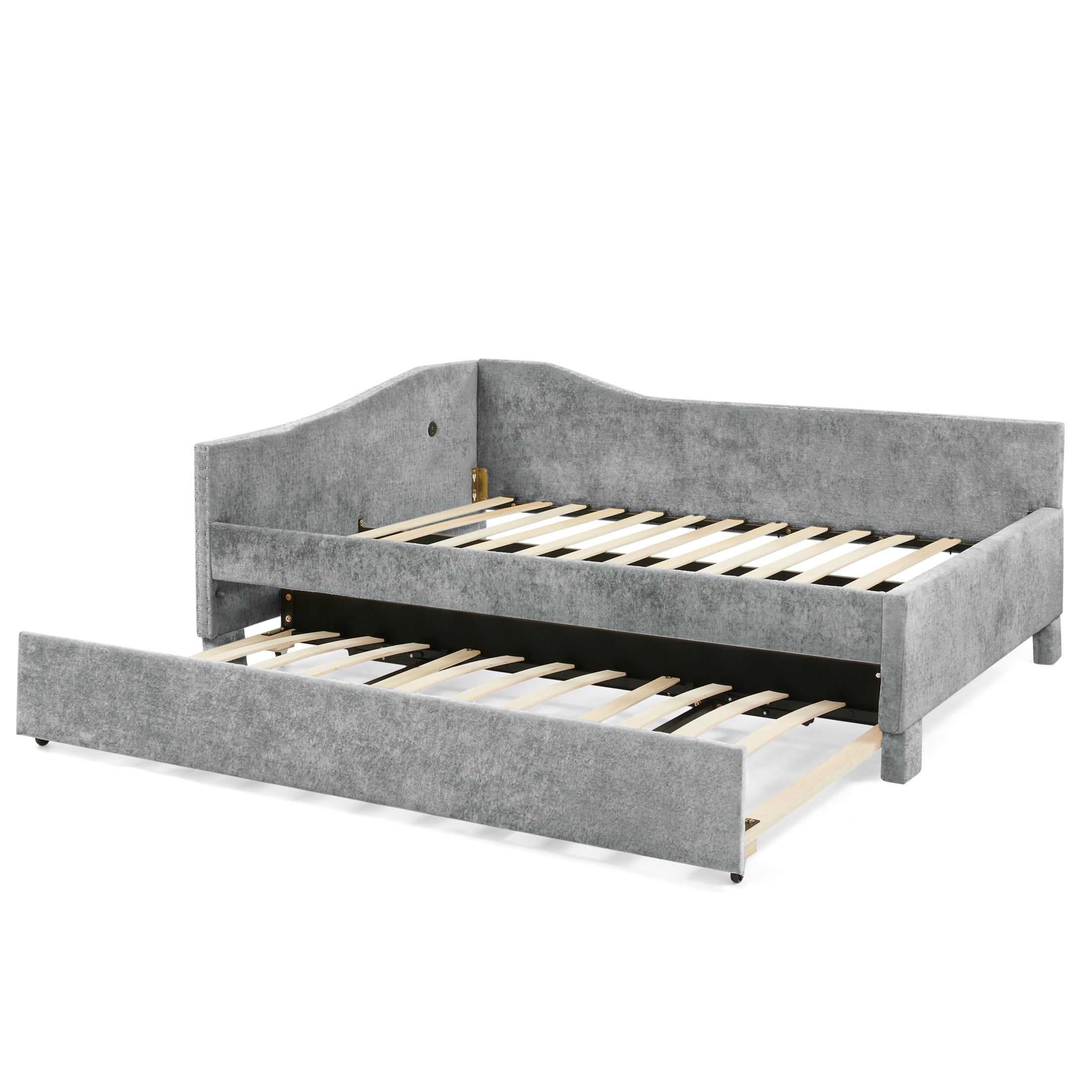 Noble House Phineas Twin Size Chenille Padded Daybed, Sofa Bed Frame with Twin Trundle and Charging Port, Grey