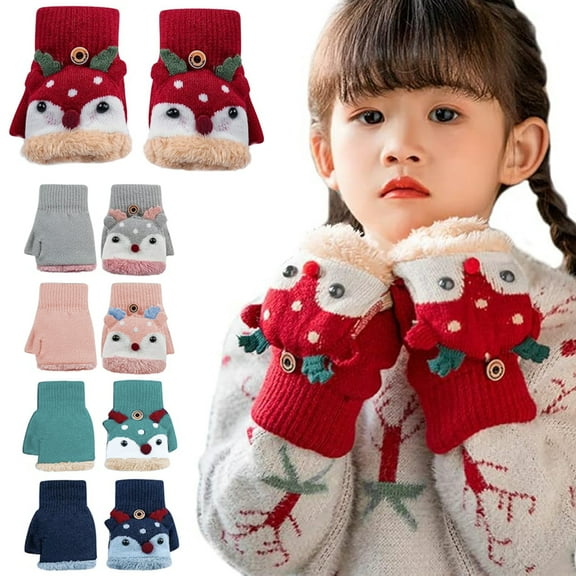 Kids Convertible Flip Top Gloves, Cute Reindeer Knitted Gloves, Fingerless Fleece Gloves for Boys Girls 3-9 Year