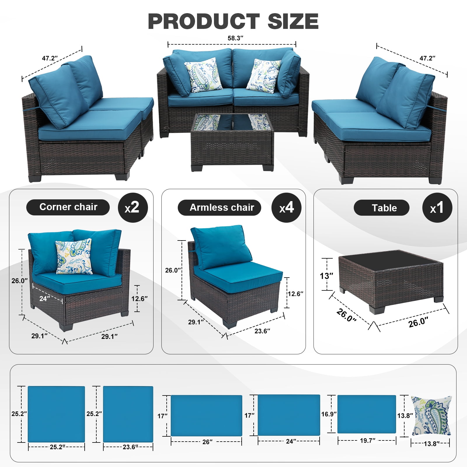 ZXRLHX 7-Piece Outdoor Rattan Patio Furniture Set (Brown/Peacock Blue) with Anti-slip Cushions