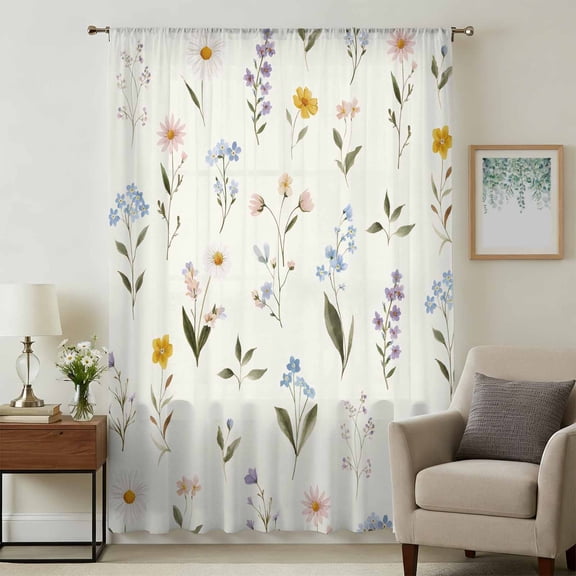 Spring Floral Sheer Curtains 96 Inches Long, Watercolor Summer Elegant Botanical Light Filering Curtains, Privacy Drapes Simi Floor to Veiling Curtain for Living Room Bedroom Large Window Treatment