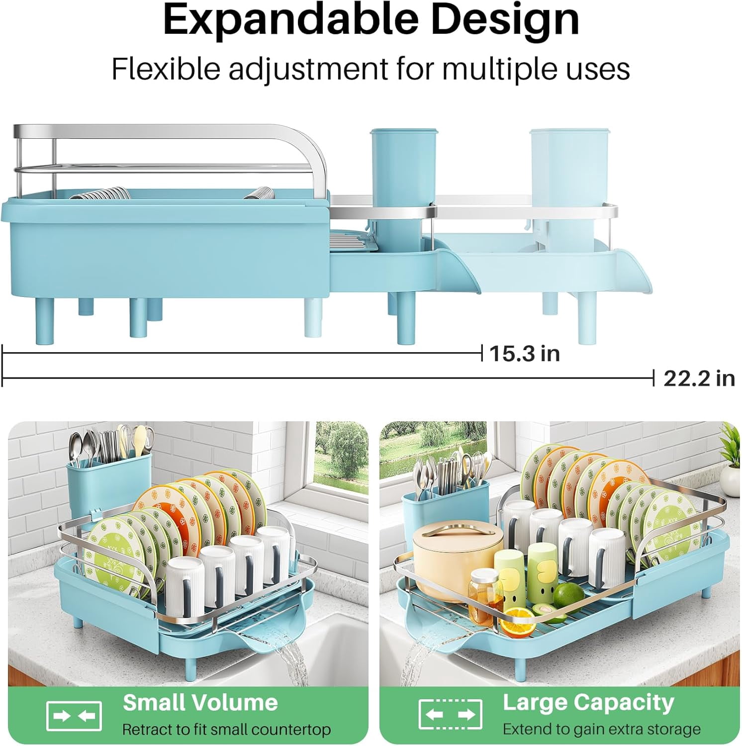 Dish Drying Rack - Expandable Dish Rack for Kitchen Counter, Rust-Resistant Dish Drainer with Utensil Holder and Raised Guardrail, Kitchen Organizer for Cup and Bottle (Blue)