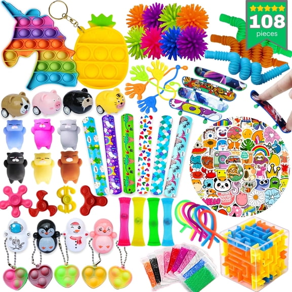 108 Pcs Party Favors for Kids 4-8 8-12, Pop Fidget Toys, Treasure Box for Classroom, Pinata Filler, Goodie Bag Stuffers, Prize Box, Treasure Chest, Classroom Prizes