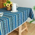 thumbnail image 4 of Boho Blue Bohemian Cotton Linen Fabric, Stitching Pom-poms Rectangle Tablecloth for Kitchen | Dining | Tabletop | Decoration | Tea Party | Weddings | Farmhouse (55x55 Inches), 4 of 12