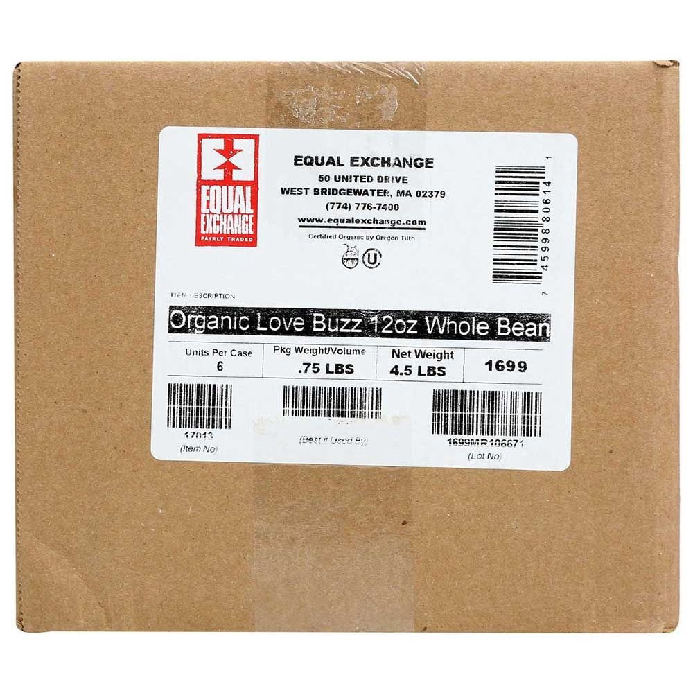 Equal Exchange Organic Love Buzz 100 Percent Whole Bean Coffee, 12 Ounce -- 6 per Case.