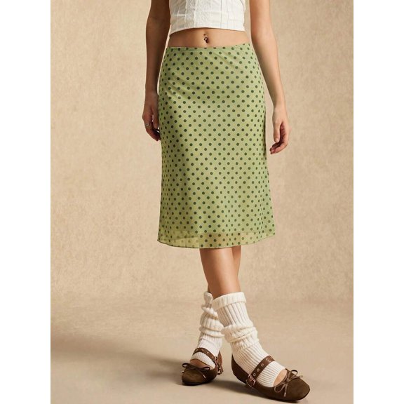 Green Polka Dot Mesh Wrap Midi Skirt, Casual Retro Style