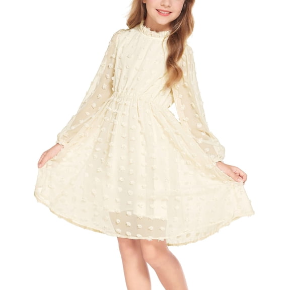 Arshiner Flypigs Tween Girls Long Sleeve Fall Dresses Swiss Dot Casual Party Dress