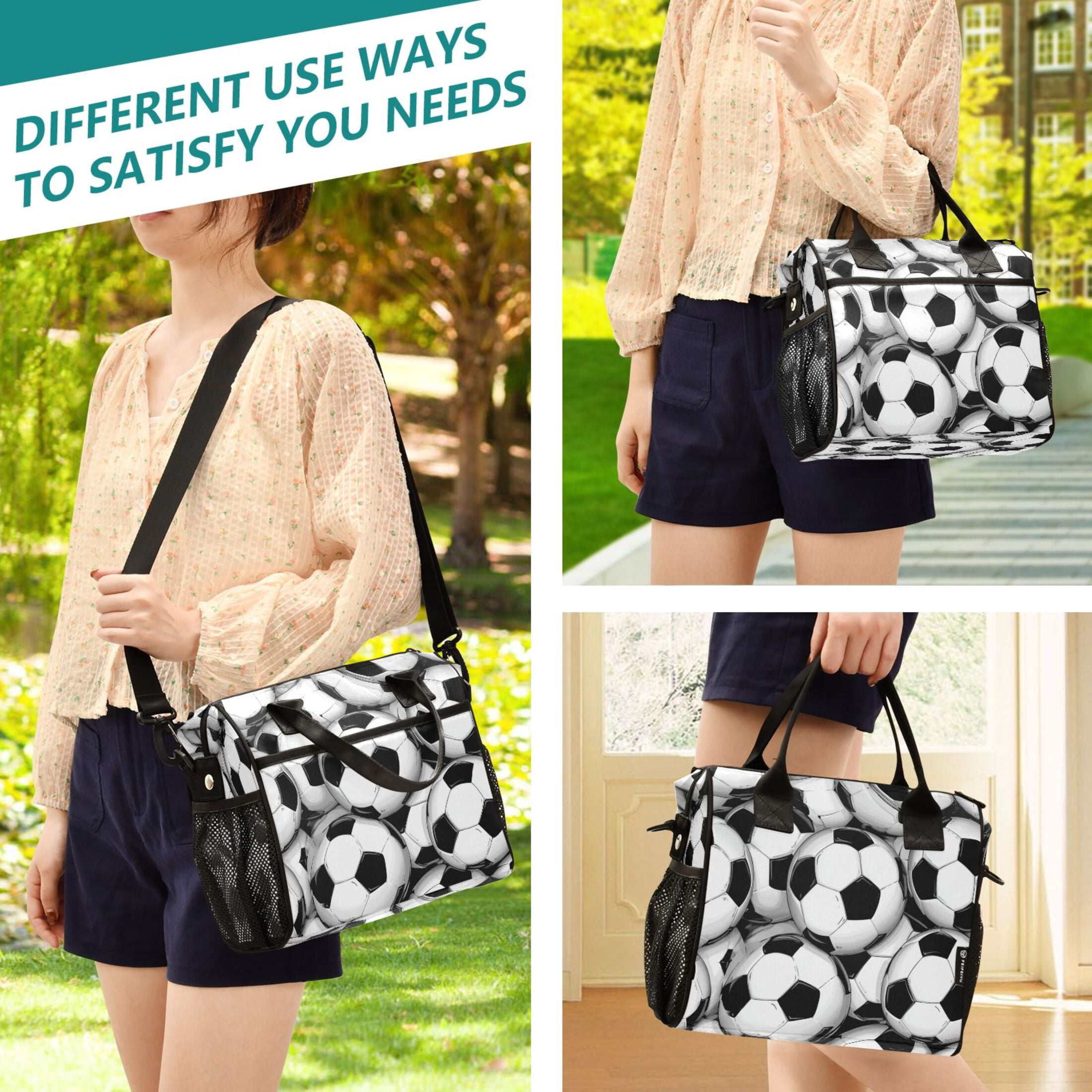 RMDQTR Classic Soccer Tile Pattern Large Tote Lunch Bag, Multi-Compartment Waterproof Thermal Food Bag for Commute Office & Picnic Outings