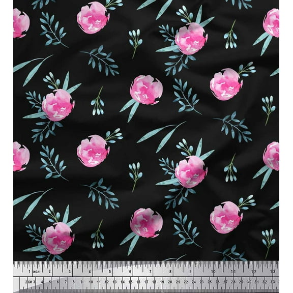 Soimoi Black Cotton Duck Fabric Flower & Leaves Watercolor Print Sewing Fabric Yard 42 Inch Wide
