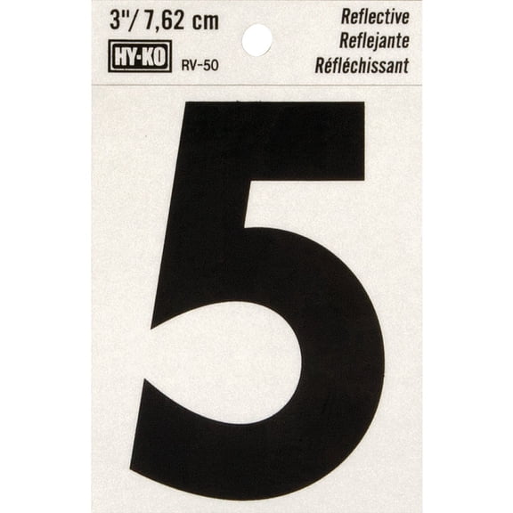 Hy-Ko RV-50/5 Vinyl Self-Stick Reflective with Number 5, 3", Black