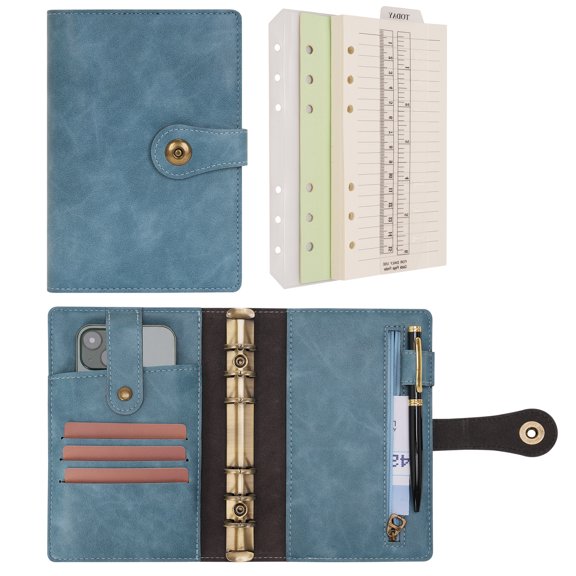 Wonderpool A5 Binder Journal Leather Spiral Notebook Refillable College Ruled Paper, Budget Binder Rings Diary Organizer with Pen for Office School Travel Business Planning Writing (Blue,A5)