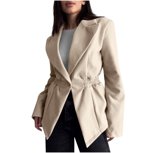 Long Jacket for Women, Pleated Waist Buttoned Loose Suit Jacket