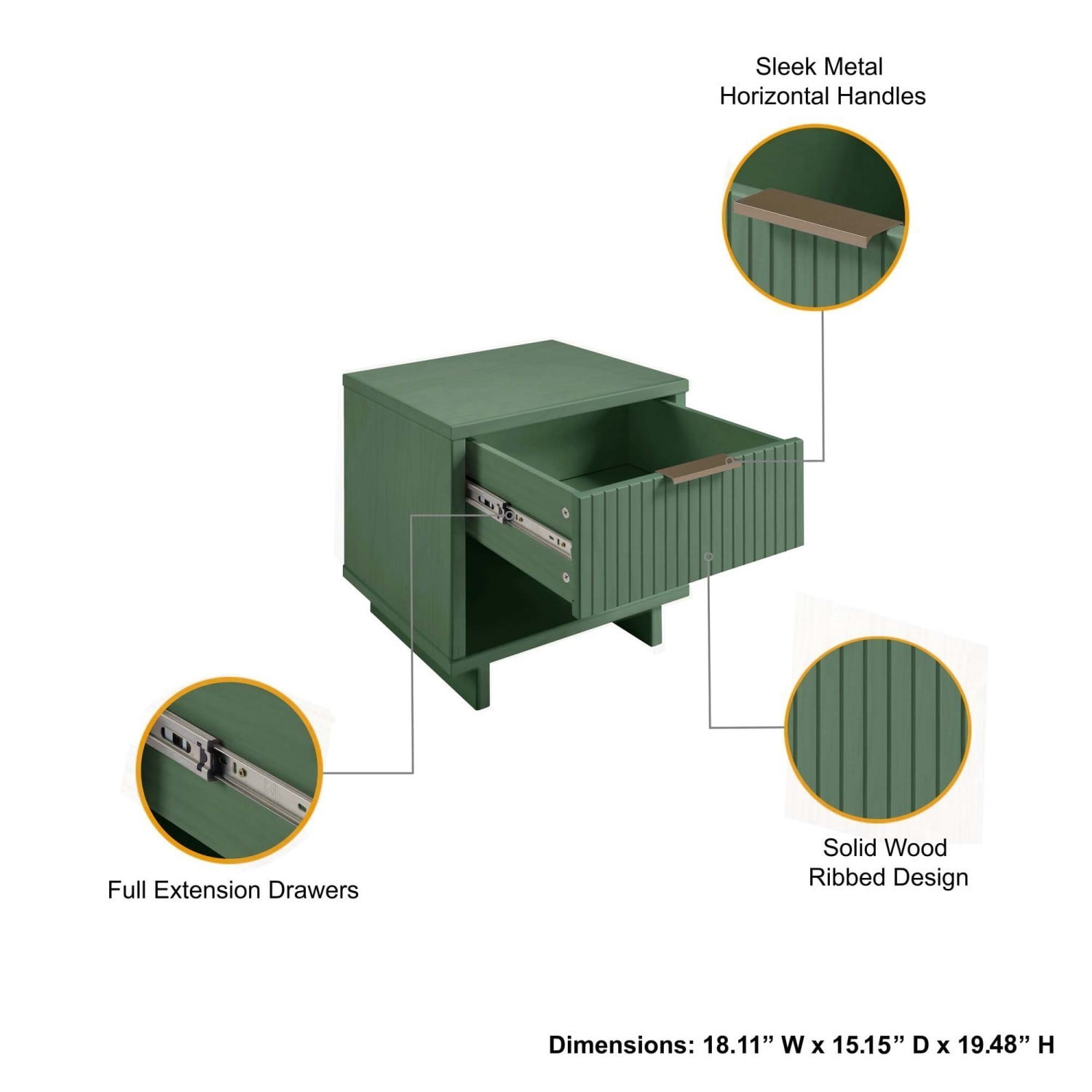 Sage Green Nightstand, Modern Contemporary Bedside Table with 1 Drawer, Solid Wood Ribbed Drawer Front and Gold Handle, Glam Storage End Table for Bedroom Living Room