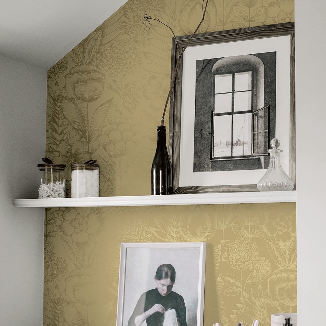 Tempaper Homestead Floral Metallic Gold Peel and Stick Wallpaper, 20.5" x 16.5'