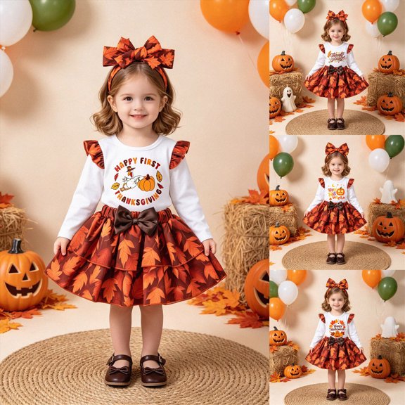 18-24 Months Newborn Girl's Halloween Long Sleeve T Shirt Set Half Skirt Hairband Thanksgiving Baby Party Dress Boys And Girls Underwear Pajamas Rompers And Home Clothes Orange