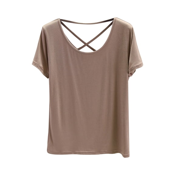 Lenpel Tops for Women Trendy Short Sleeve V Neck Criss Cross Backless T-Shirts Soft Casual Tees Loose Fashion Blouses