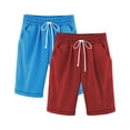 thumbnail image 3 of Kids Summer Shorts Casual Linen Cotton Elastic Waist Drawstring Bermuda Shorts with Pockets Knee Length Preppy Clothes 2PC Blue 12-13Years, 3 of 5