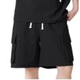 thumbnail image 4 of Men Bubble Textured 2 Piece Outfit Set, Quarter Zip Stand Collar Short Sleeve Jacket and Drawstring Elastic Waist Cargo Pocket Shorts Summer Tracksuit Size 4XL Black, 4 of 5