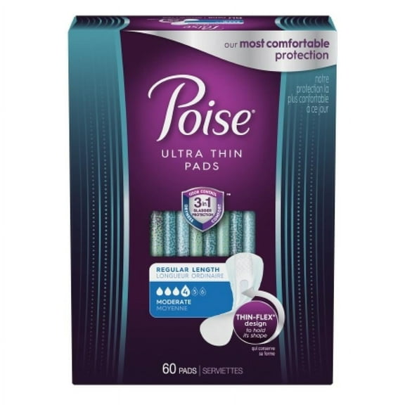 Poise Ultra Thin Pads, Moderate Absorbency, One Size Fits Most, 60 Count
