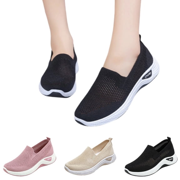 Womens Mesh Walking Shoes Summer Breathable Soft Arch Support Walking Anti-Skid Sports Slip On Sneakers Shoes (Black)
