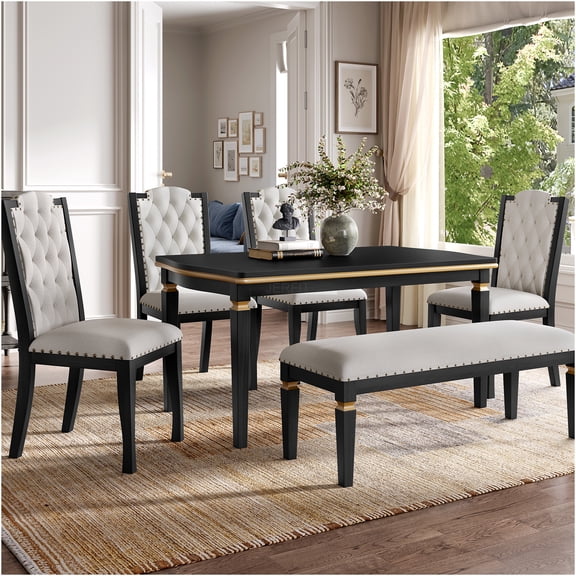 JERFIT 6-Piece Modern Dining Set with Upholstered Chairs and Bench, Black Kitchen Table Set for 6, Rectangular Solid Wood Dining Table