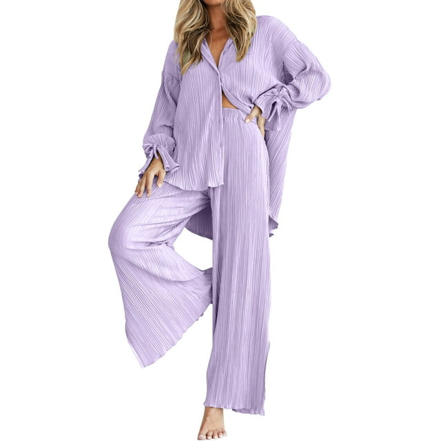 Timegard Lounge Outfits for Women 2pc Long Sleeve Button up Solid Color Shirts Side Split Wide Leg Pants Fall Sets