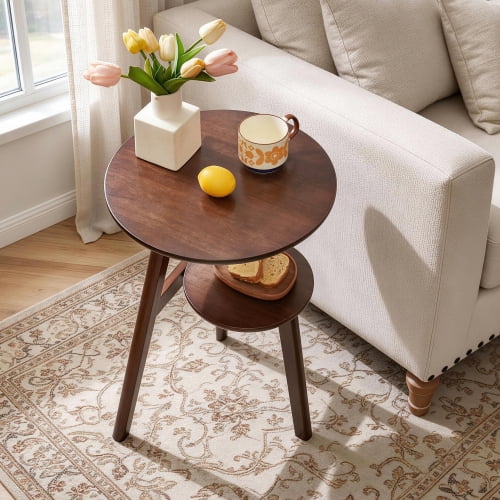 Sweiko Solid Wood Round Side Table, 19.68" Small Circle End Table, 2-Tier Rustic Accent Table for Couch Living Room Bedroom, Walnut