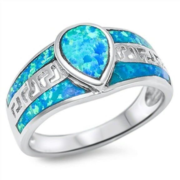 Blue Simulated Opal Greek Key Inlay Ring .925 Sterling Silver Band CZ Jewelry Female Size 7