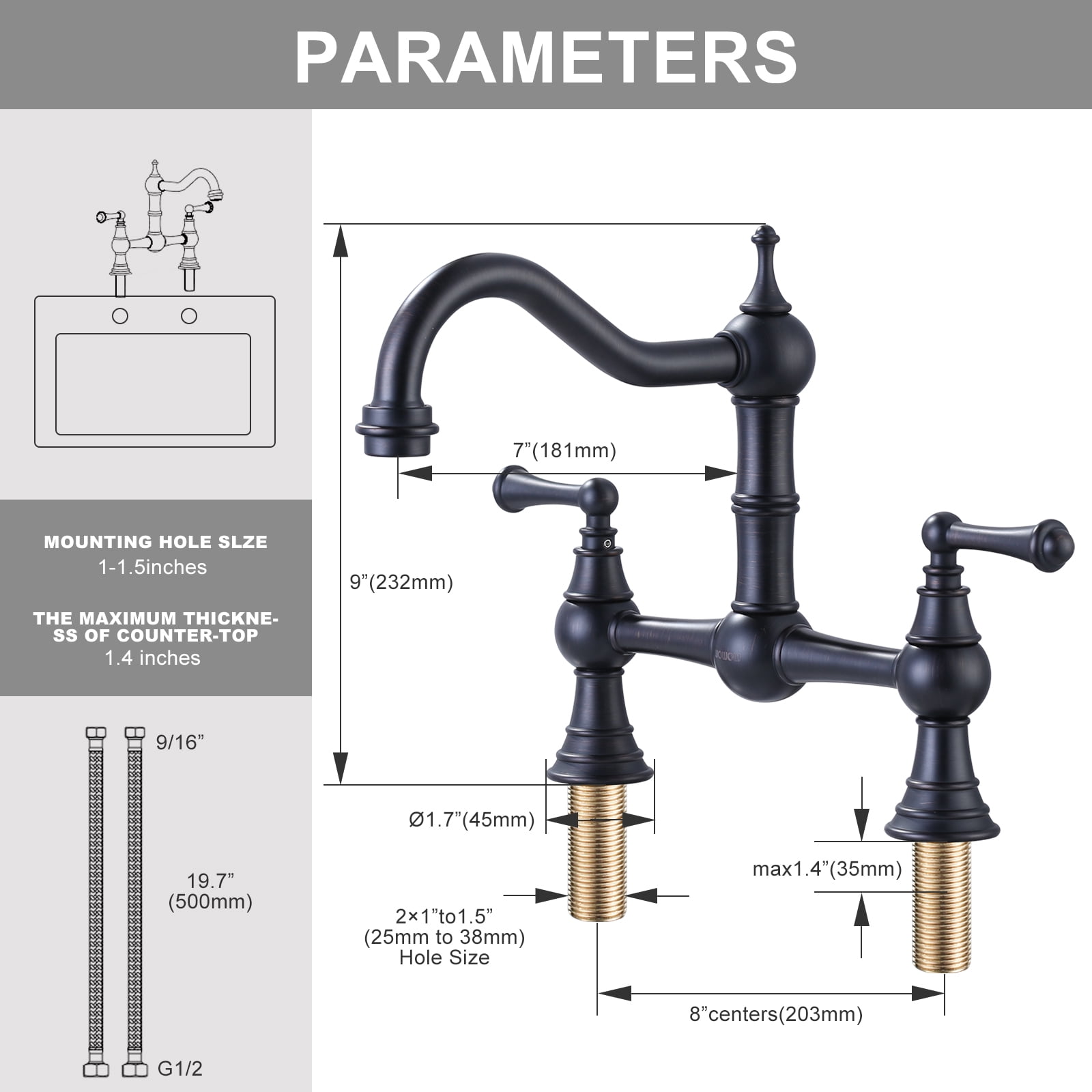 WOWOW Antique Brass Sink Faucet 2 Hole Oil Rubbed Bronze Kitchen Faucet