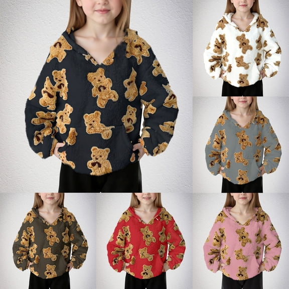 UQJfacai Girls Fuzzy Fleece Pullover Hoodies Cute Bear Graphic Hoodie Fall Winter Plush Hooded Sweatshirt with Pocket 4-15 Years