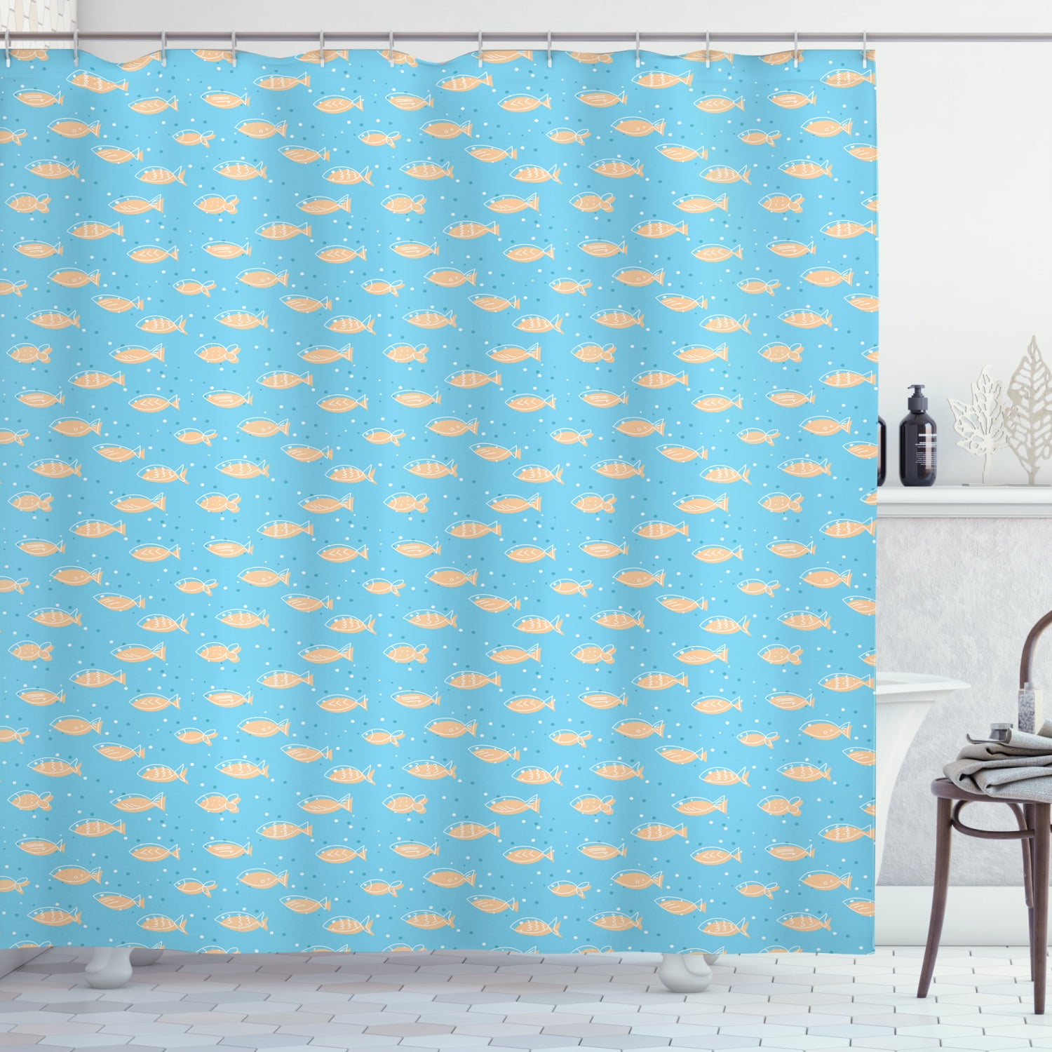Fish Shower Curtain, A Flock of Swimming Fish Hand Drawn Design