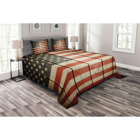 American Flag Bedspread Set, Usa Flag over Vertical Striped Wooden Board Citizen Solidarity Kitsch Artwork, Decorative Quilted Coverlet Set with Pillow Shams Included, Blue Red, by Ambesonne