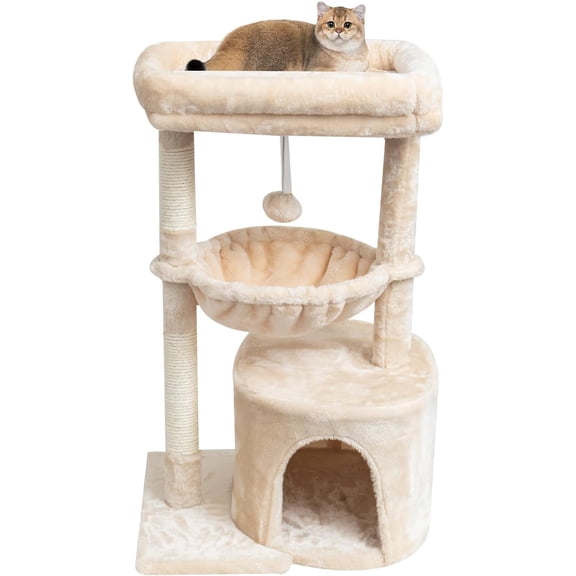 ANHXN Small Leopard Print Cat Tree for Indoor Cats, Cat Tower with Scratching Post, Modern Cat House with Padded Perch, Kittens Condo with Cradle