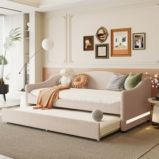 Zoey Tufted Upholstered Twin Daybed with Trundle, Beige, by