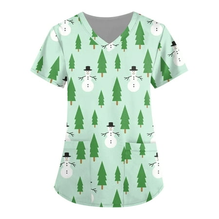 

Ovticza Scrubs for Women Plus Size Christmas Snowman Printed Nursing Short Sleeve Womens Scrub Top V Neck Uniforms with Pockets Fitted Fall Nurse Scrubs Green 5XL