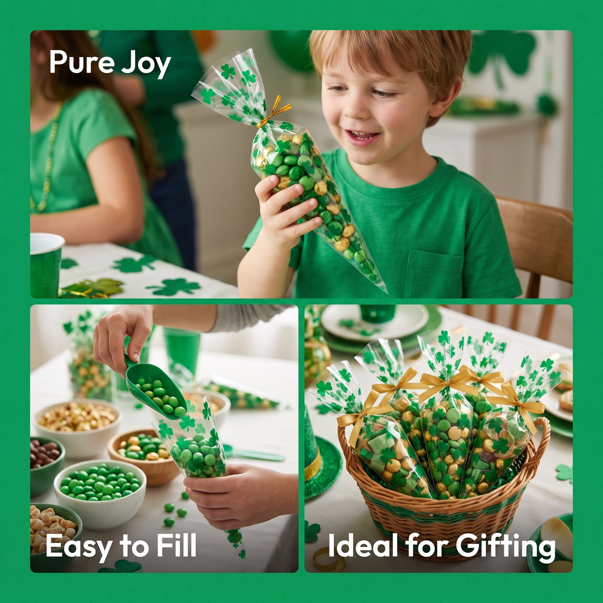Unique Bargains 120Pcs Premium Shamrock Treat Gift Bag for Cookies Multicolor 5.1" x 9.8"