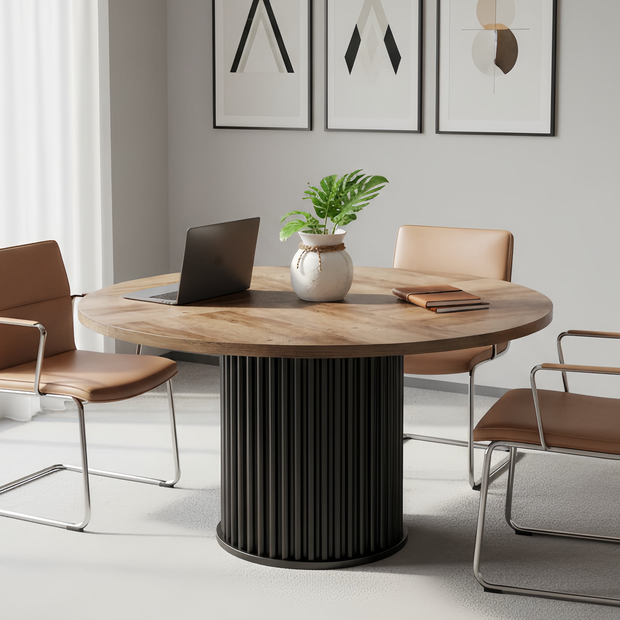 47-Inch Round Conference Table, 4-6 Person Space-Saving Meeting Table with Sturdy E1-Grade MDF Top & Metal Base, Perfect for Small Office, Conference Room, Brown + Black