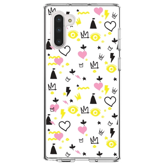 DistinctInk Clear Shockproof Hybrid Case for Samsung Galaxy Note 10 (6.3" Screen) - TPU Bumper, Acrylic Back, Tempered Glass Screen Protector - Girl Power - Crown Hearts Castle Pink Yellow