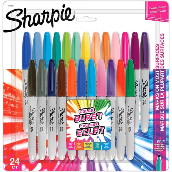 Sharpie Colour Burst Permanent Markers pen, Fine Point, Assorted Colours, 24 Count