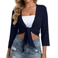 thumbnail image 3 of lcziwo Women's Tie Front Shrug 3/4 Sleeve Bolero Cardigan Summer Solid Casual Lightweight Shawl Tops Navy S, 3 of 10
